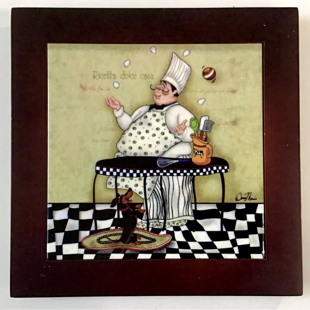 Framed Ceramic Tile Trivet Italian Fat Chef & Pup Ricetta Dolce Casa Dena Marie